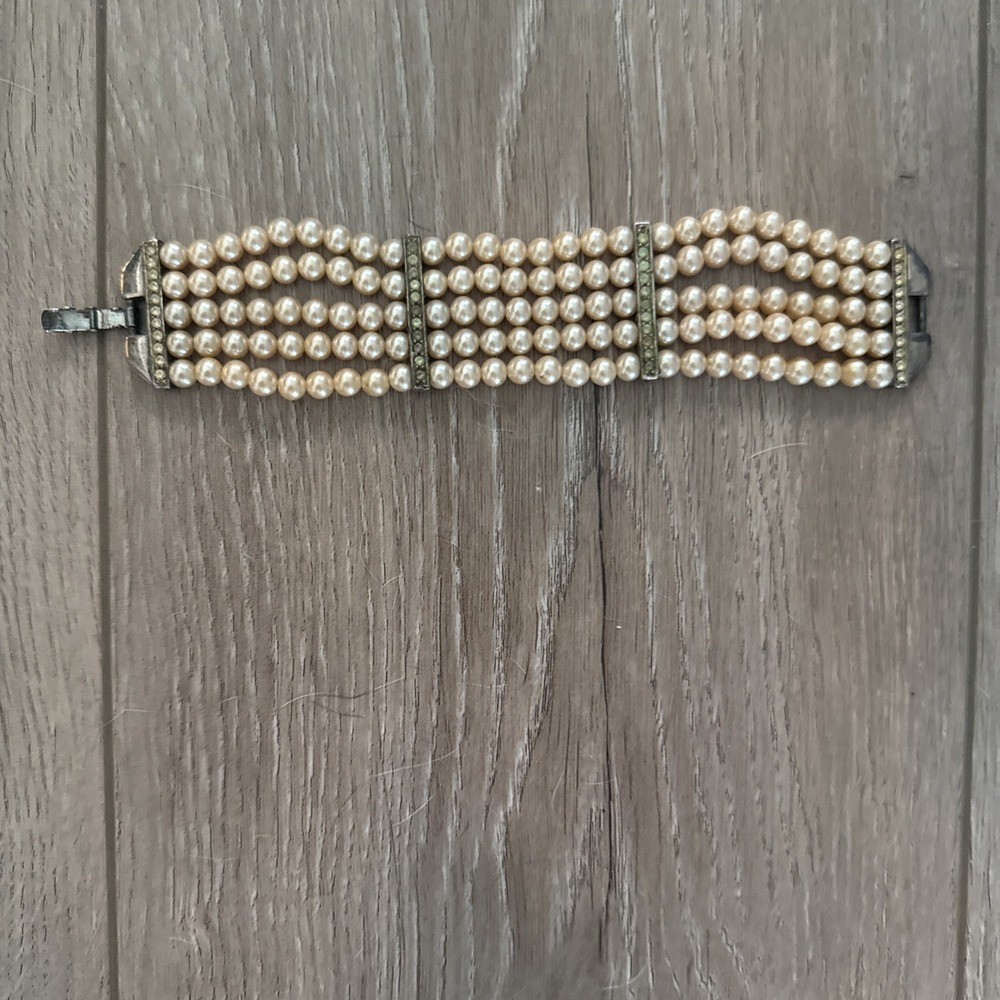 Vintage Art Deco 3-Strand Champagne‎ Faux Pearl Rhinestone Bracelet Wedding 7"